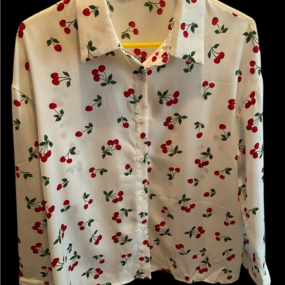 Cherry Print Button-Up Blouse